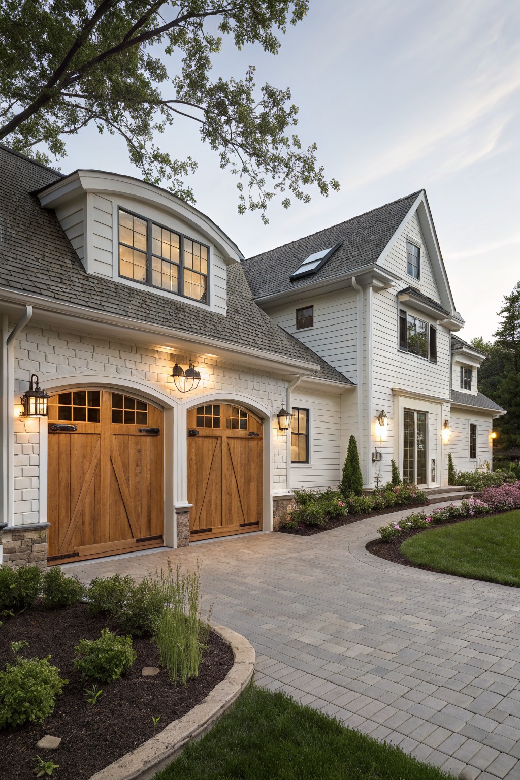 White farmhouse exterior featuring two arched wooden garage doors, stone accents, and a curved paved driveway.