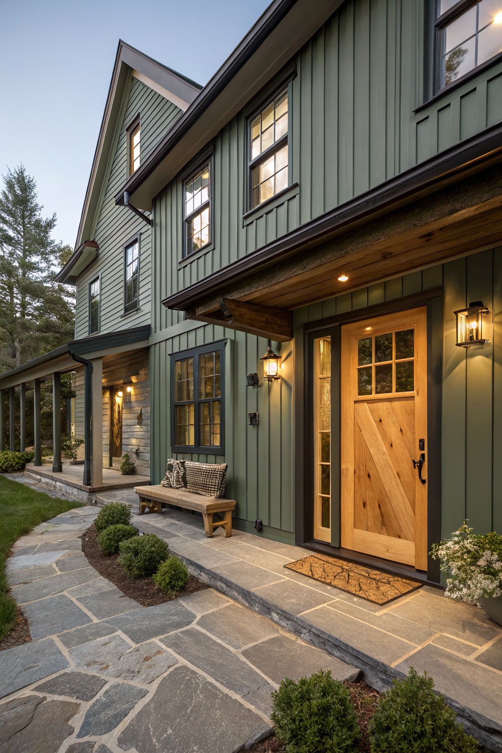 A two-story farmhouse exterior with green board and batten siding, a wooden front door, and a stone walkway leading to the entrance.