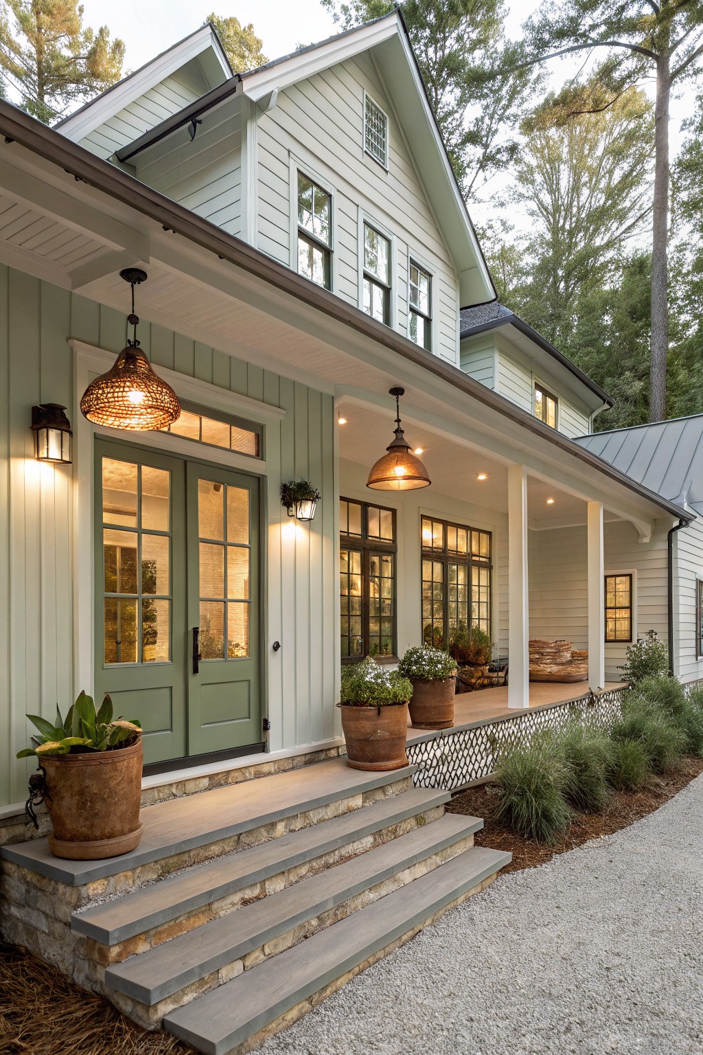 Sage green house with porch, double doors, hanging lights, and potted plants on steps.
