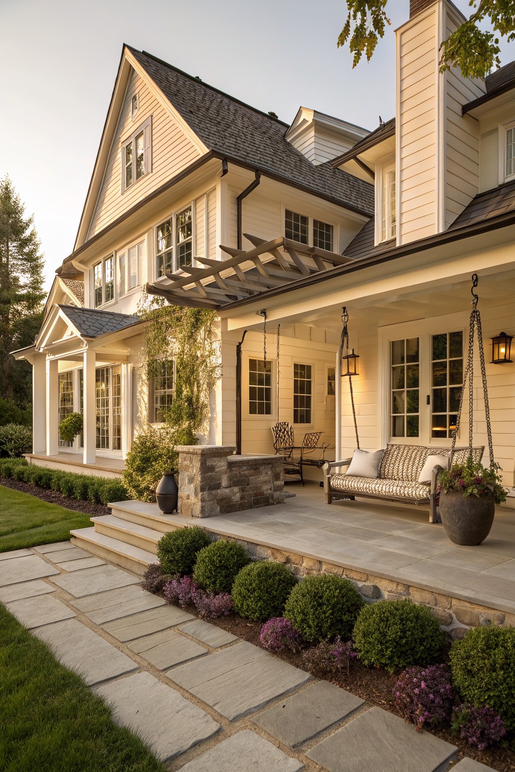 A white two-story farmhouse exterior featuring board and batten siding, a covered stone porch with a hanging bench, and landscaping along a stone walkway.