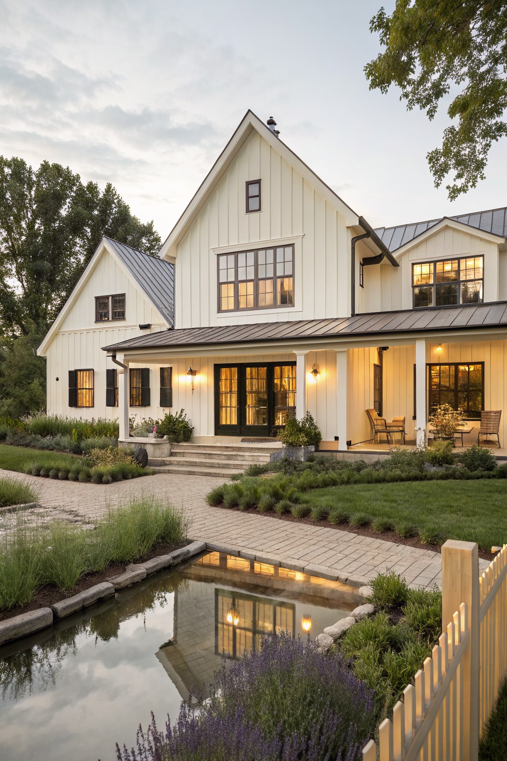 White farmhouse with board and batten siding, dark-framed windows, metal roof, and front porch, seen across a brick path and small pond.