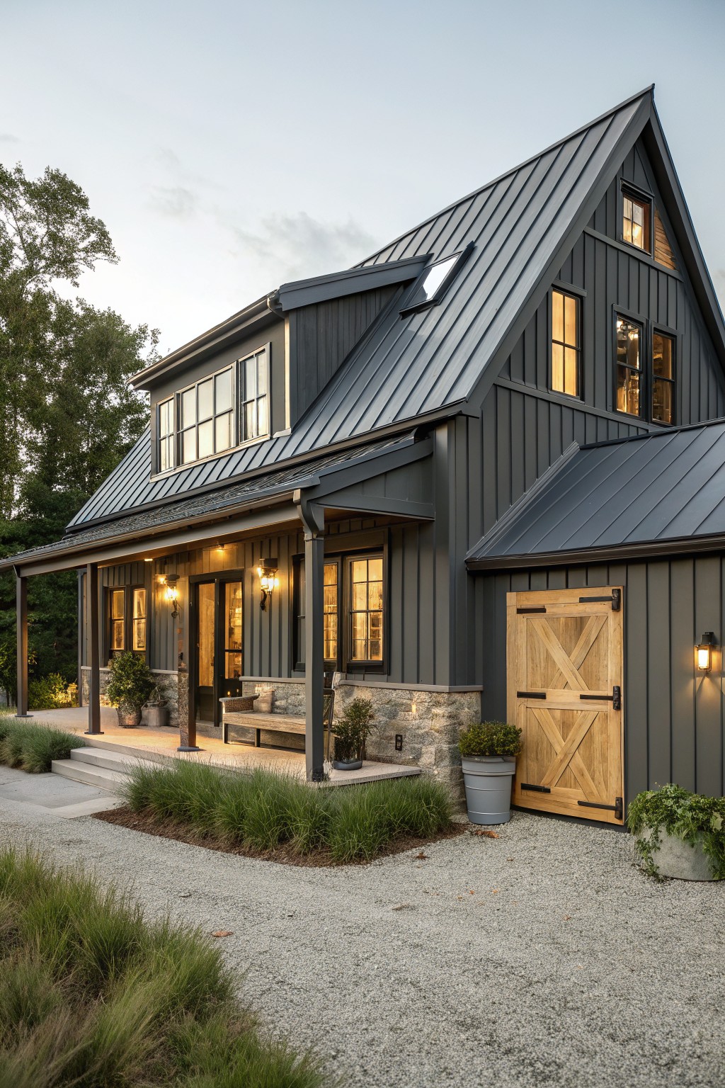 Dark gray modern farmhouse with black metal roof, wooden doors, and lit windows at dusk