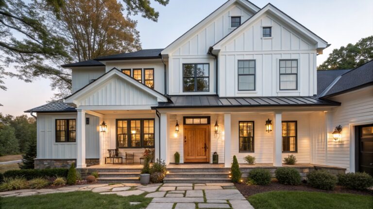 White two-story house with black trim, wooden door, stone steps, and evening lights