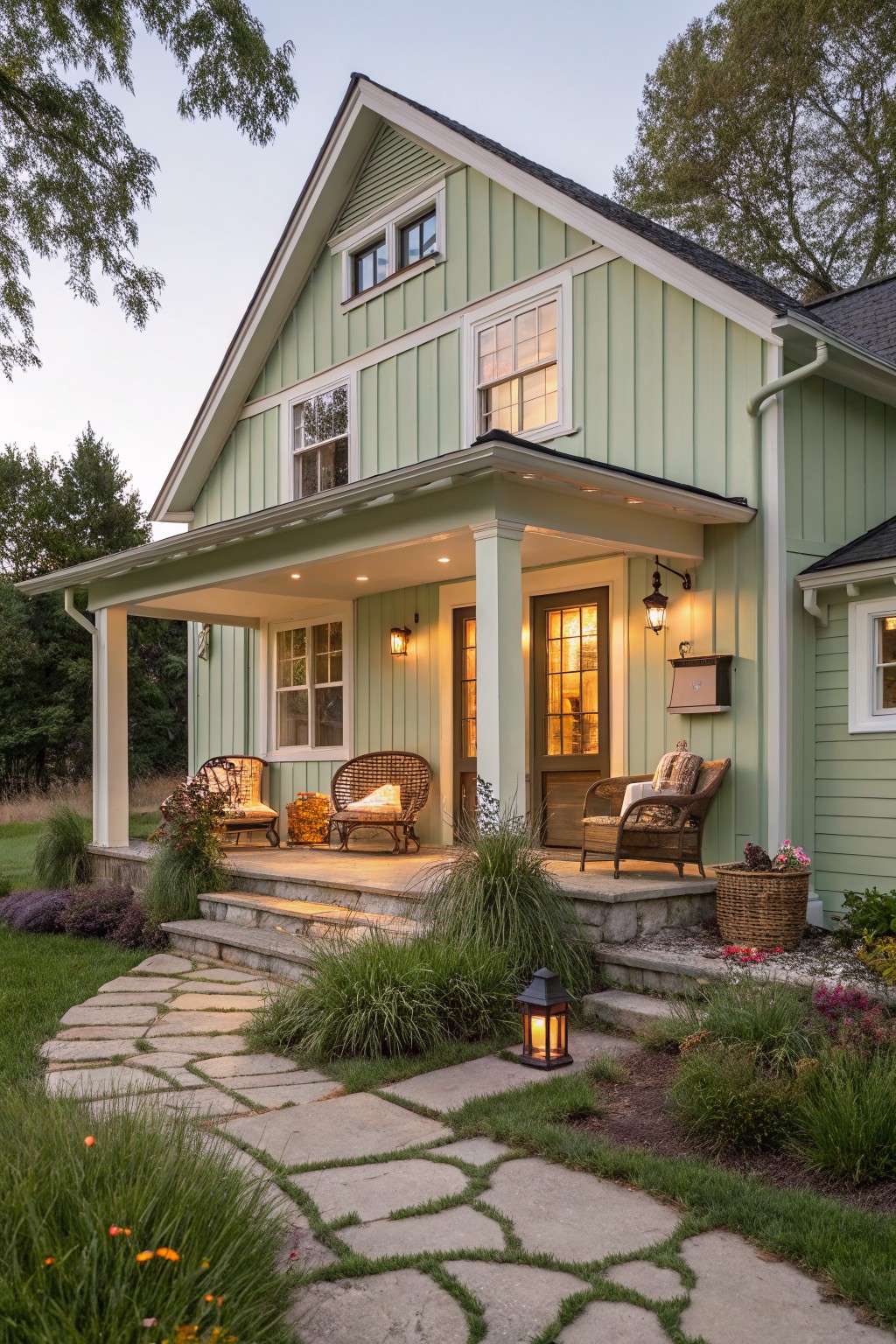 A light green board and batten farmhouse with a covered porch, stone steps, and a stone pathway leading to the front door.