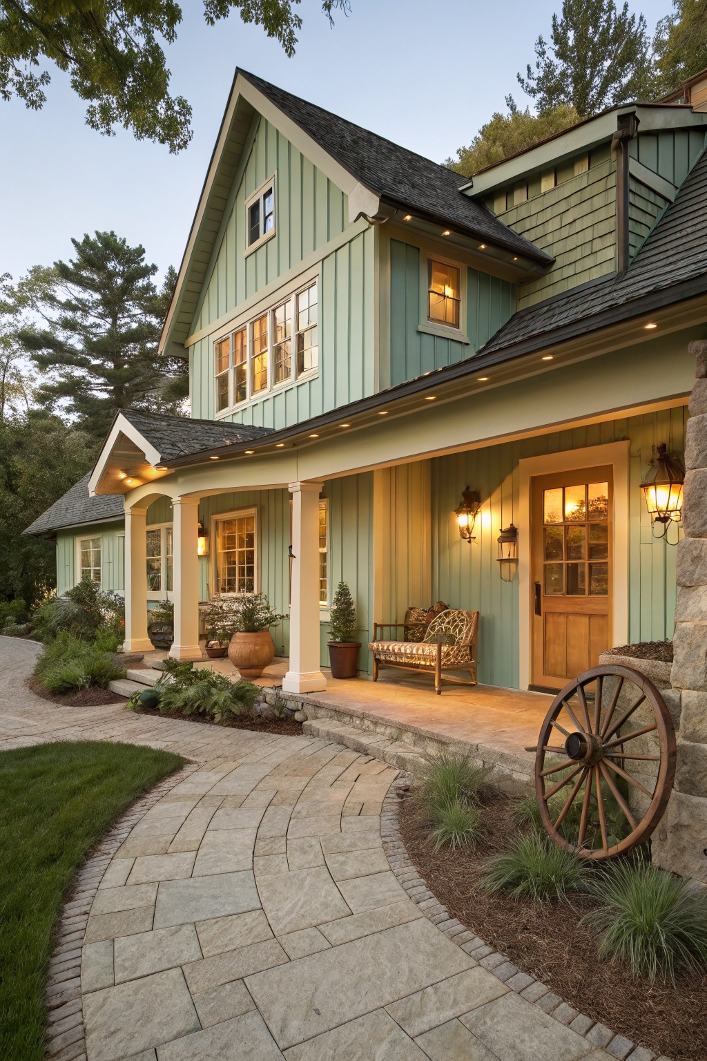 A two-story farmhouse exterior featuring light green board and batten siding, a covered front porch with white columns, and a curved stone pathway.