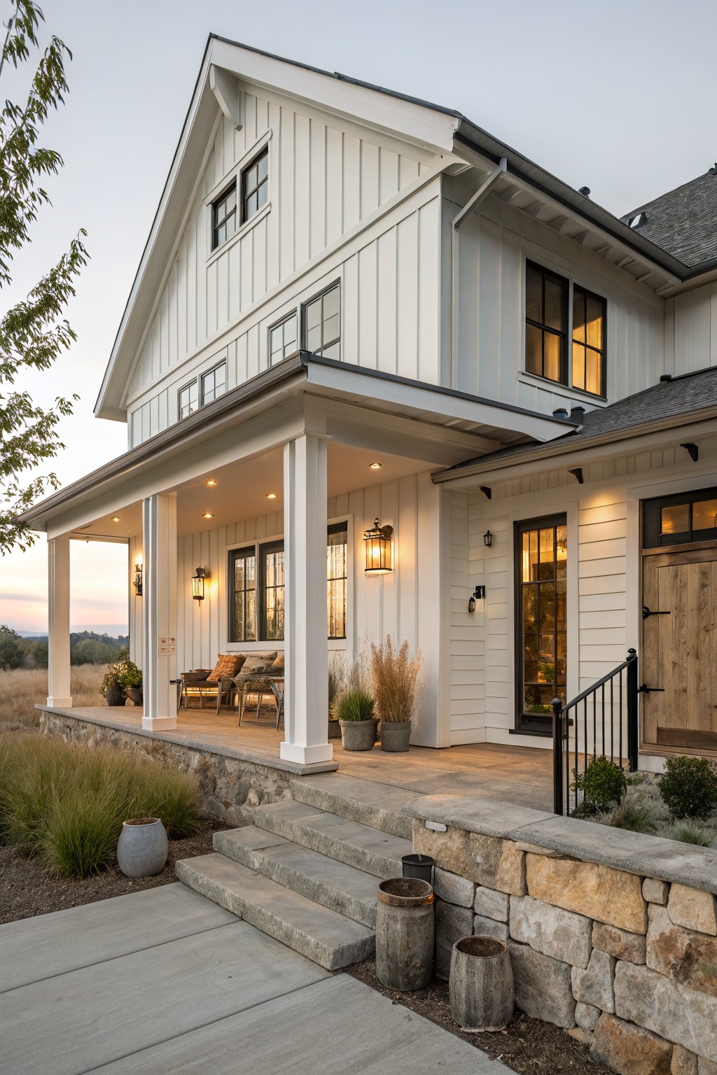 A two-story white farmhouse exterior featuring board and batten siding, a wide front porch with white columns, and a stone foundation with concrete steps.