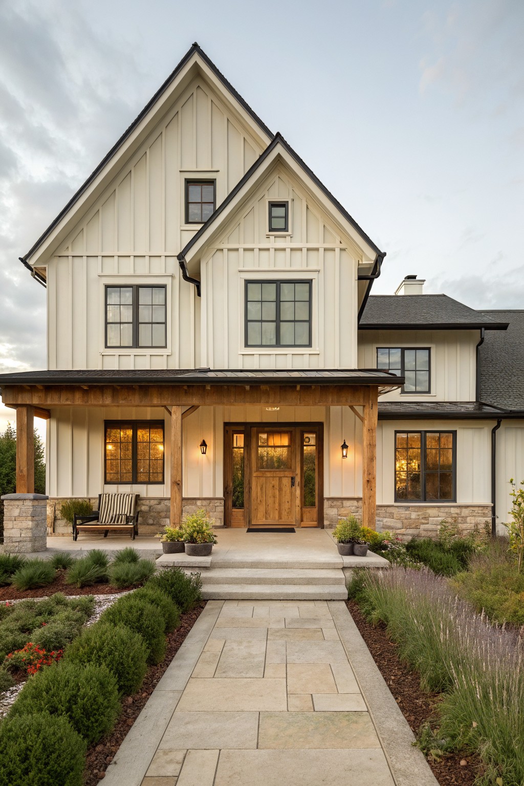 A two-story farmhouse with cream board and batten siding, a wooden front porch with stone steps, and a paved walkway leading to the entrance.