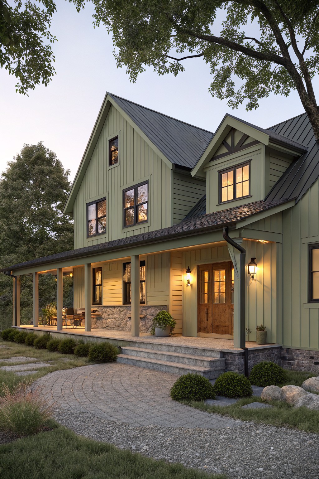 A two-story green farmhouse exterior with board and batten siding, a covered porch with columns, double wood doors, and a dark metal roof.