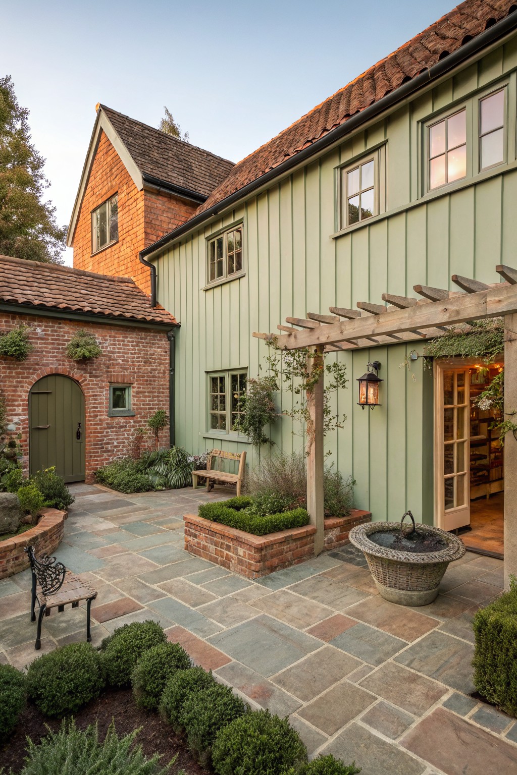 A paved courtyard surrounded by a green board and batten house with brick walls, windows, a wooden pergola, and a brick planter.