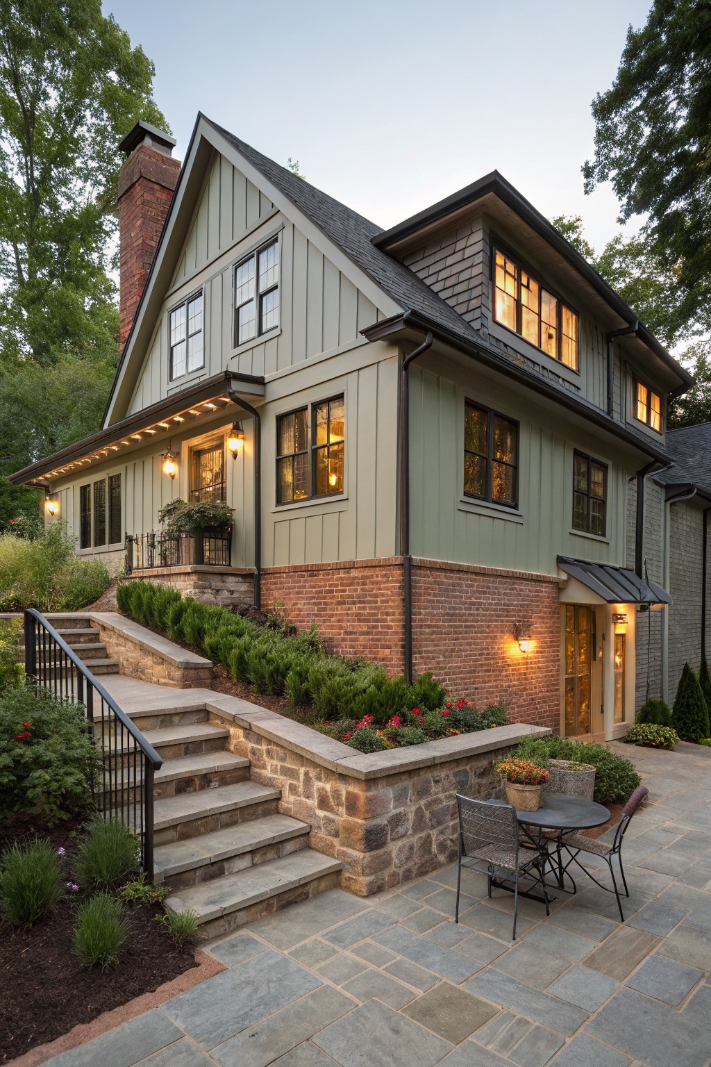 A two-story farmhouse with sage green board and batten siding above a red brick foundation, multiple gables, and a stone patio with seating in front.