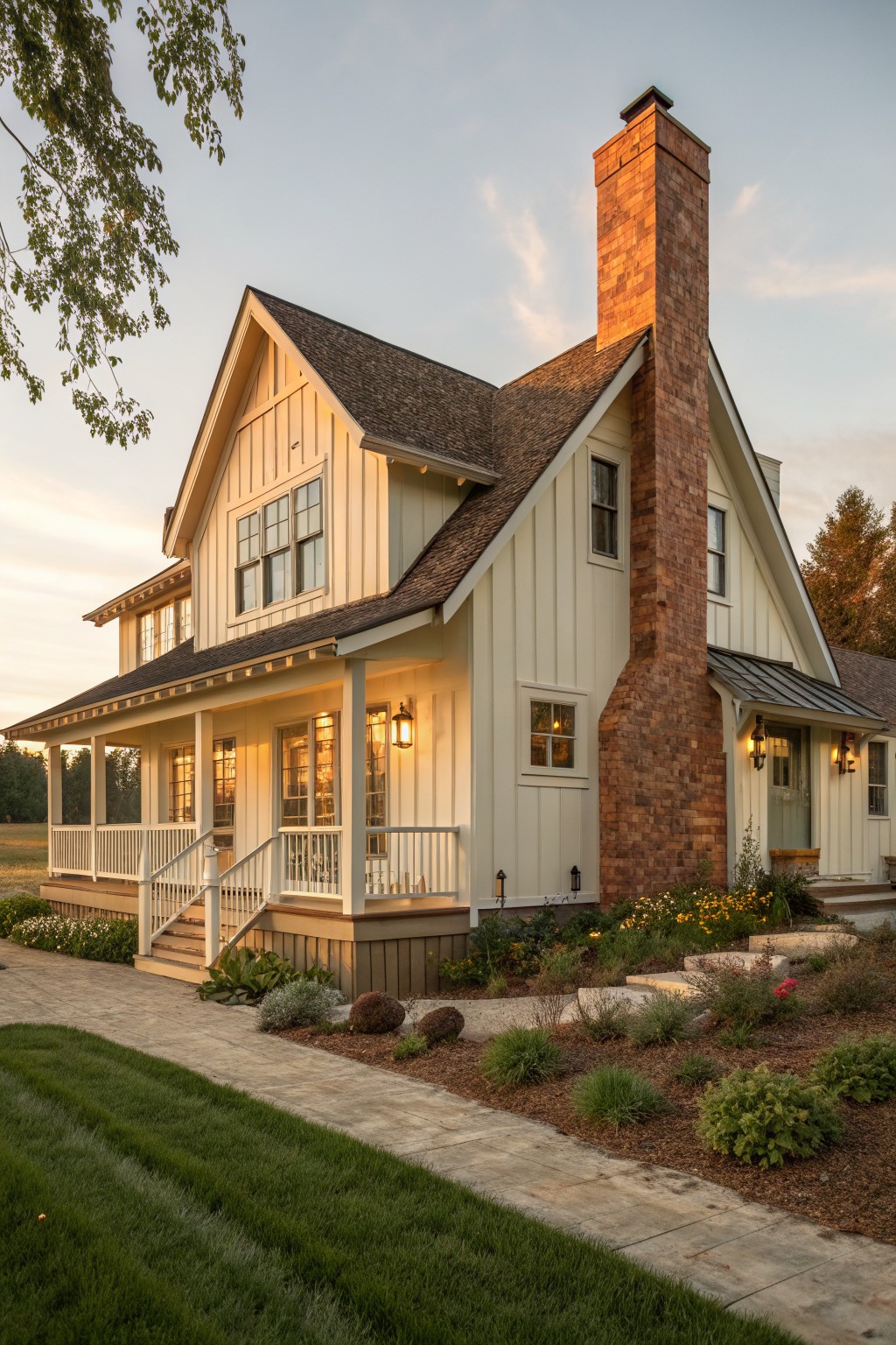 A two-story white farmhouse with board and batten siding, a tall brick chimney, a covered front porch, and landscaped beds in front.