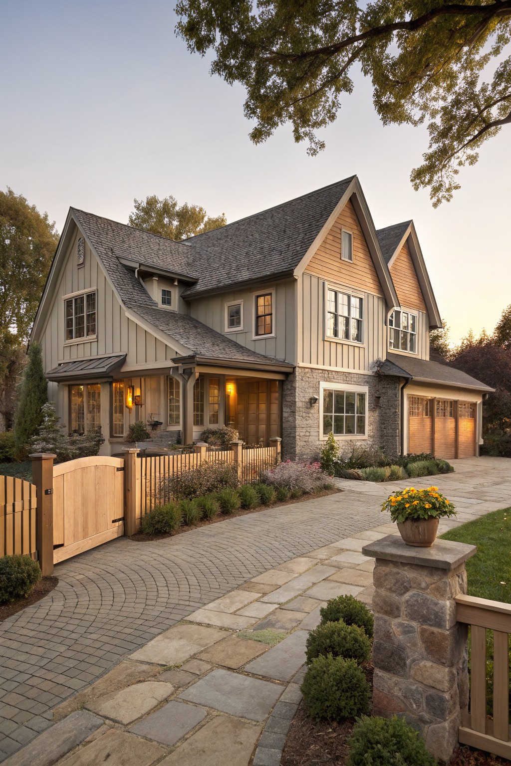 A large two-story farmhouse exterior with gray-green board and batten siding, stone accents, wood garage doors, and a curved stone driveway leading to a wooden gate.