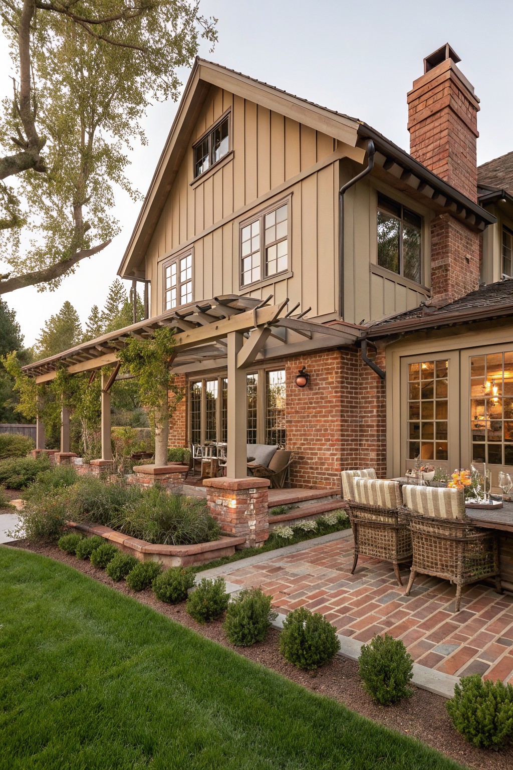 A two-story farmhouse exterior featuring tan board and batten siding on the upper level, red brick on the lower level, a wooden pergola, and an outdoor dining area on a brick patio.