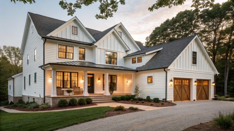 A white two-story farmhouse with board and batten siding, a covered porch, and brown wood garage doors at dusk.
