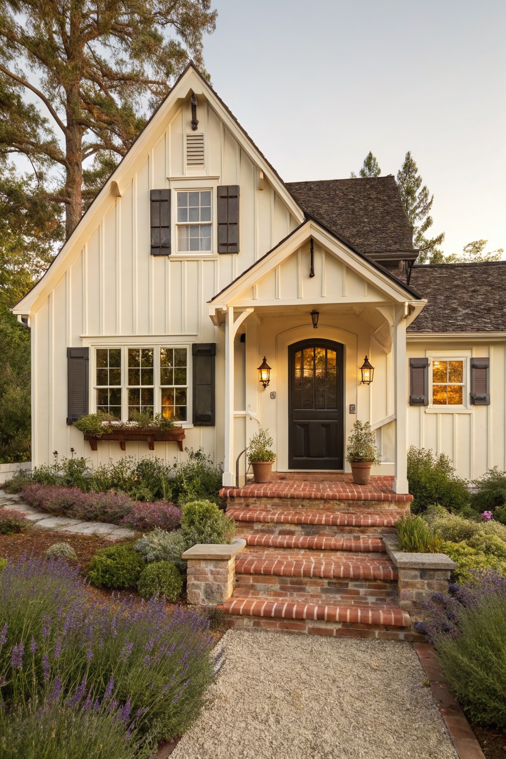 A white board and batten farmhouse exterior with dark shutters, a gabled porch over a dark front door, and brick steps leading up from a gravel walkway.