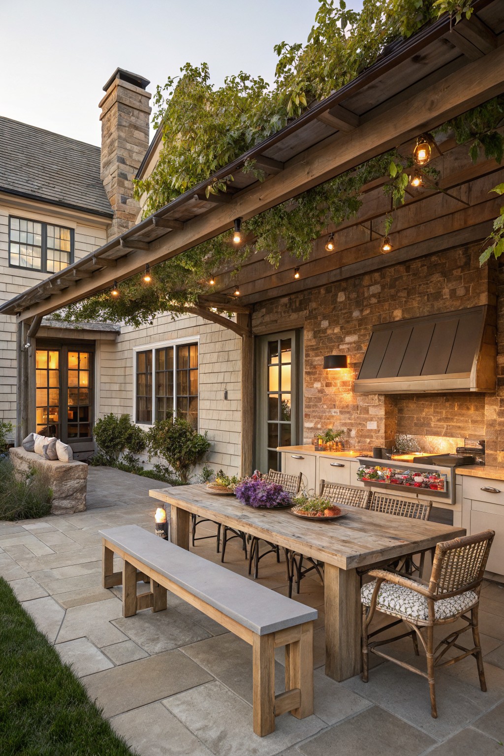 A long wooden dining table with benches and chairs sits on a paved patio under a wooden pergola strung with lights, next to a stone wall with an outdoor kitchen and range hood.
