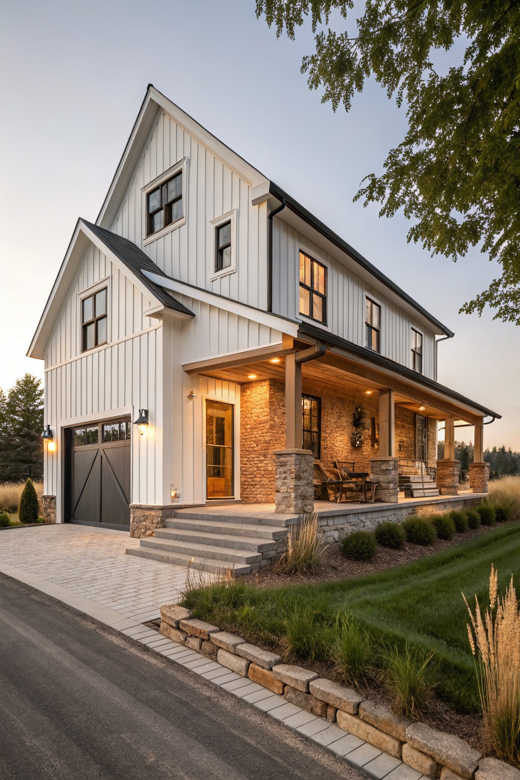 A two-story white farmhouse exterior with board and batten siding, stone on the porch base, a covered entry, and a paved driveway.