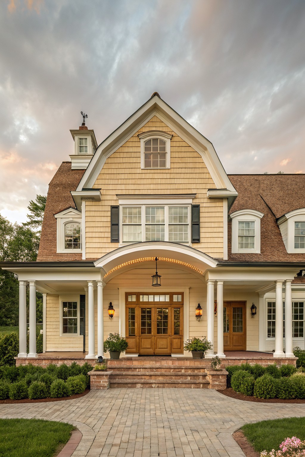 A two-story yellow wood-shingled house with a wide front porch supported by white columns, brick steps, and a paved driveway in front.