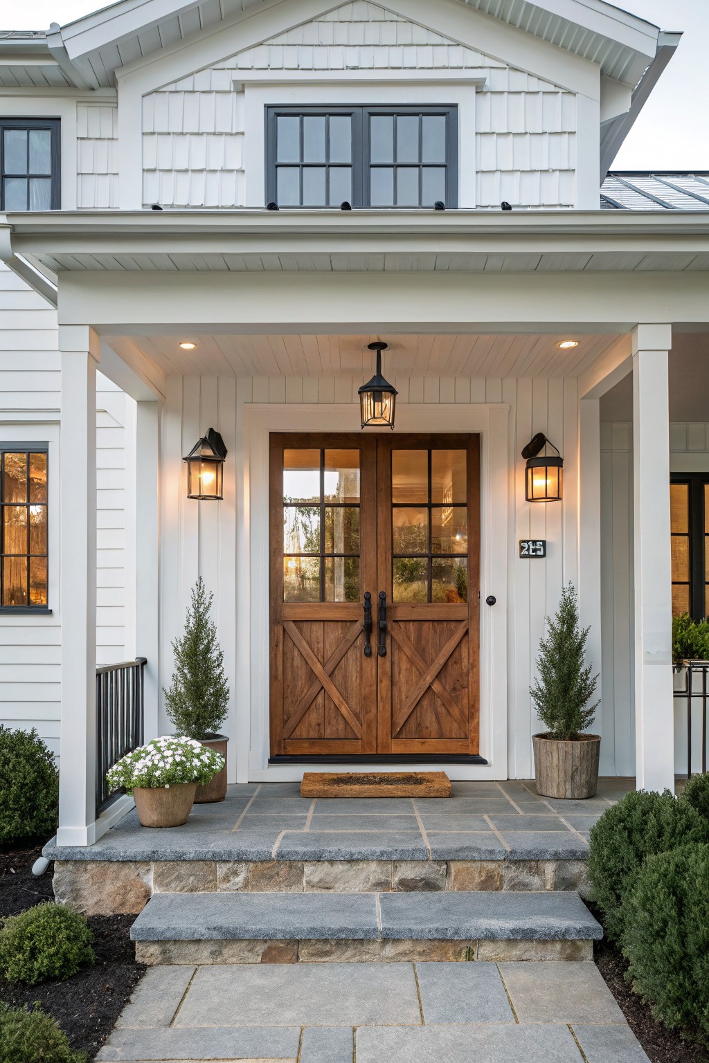 Front view of a white house with board and batten siding showing double wooden entry doors under a covered porch, flanked by black wall lanterns and potted plants on stone steps.