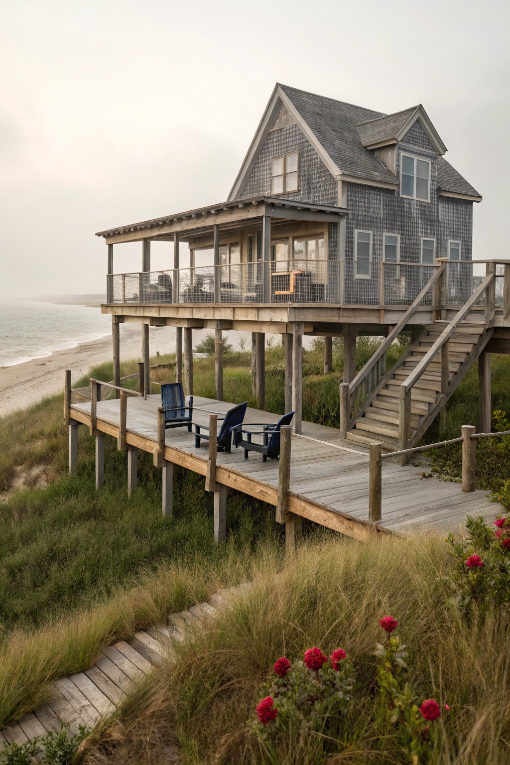 Gray beach house on stilts with deck, blue chairs, stairs overlooking misty ocean dunes