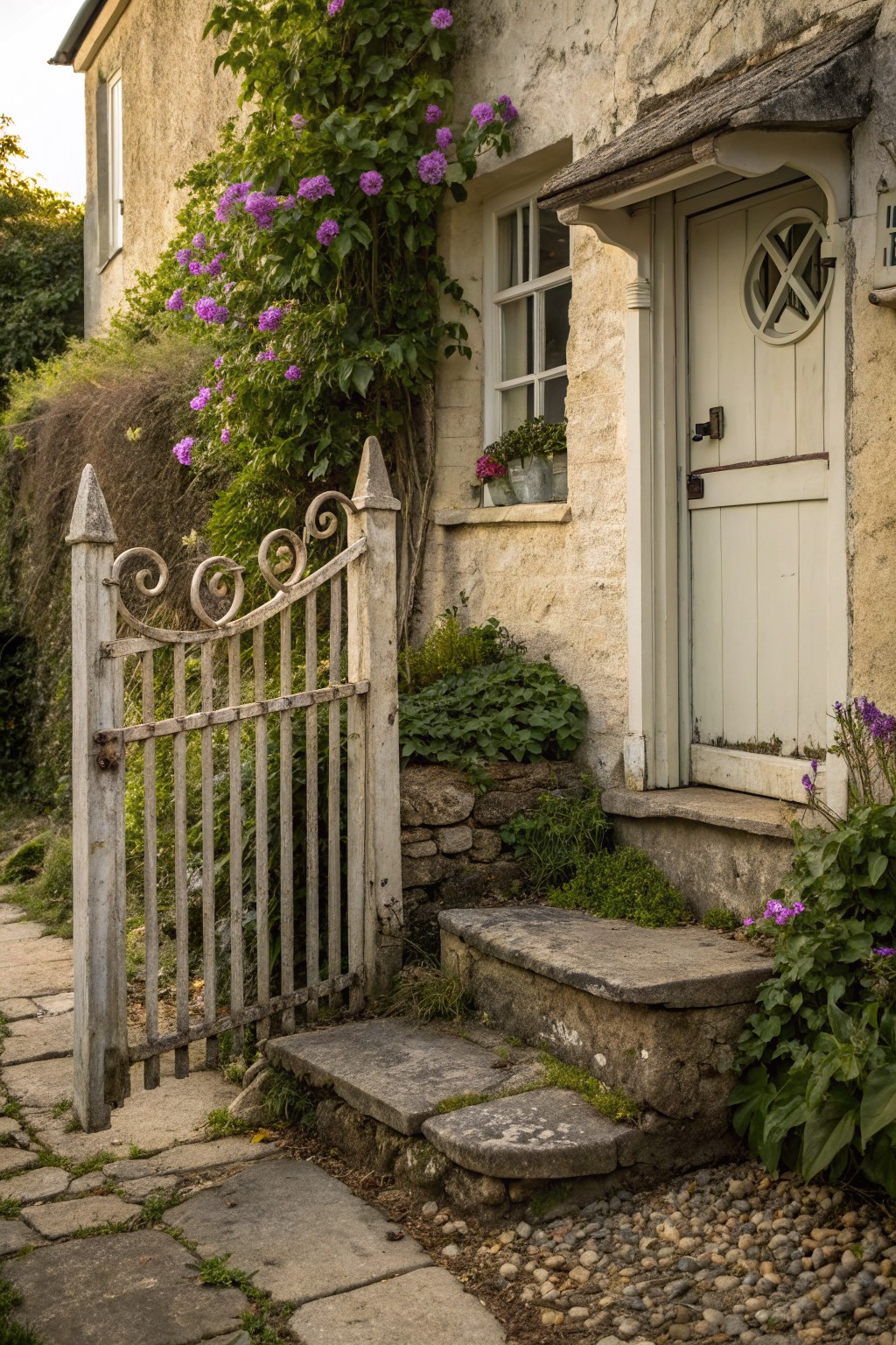 A weathered wooden gate stands open beside stone steps leading to a white door on a stone house with climbing purple flowers.