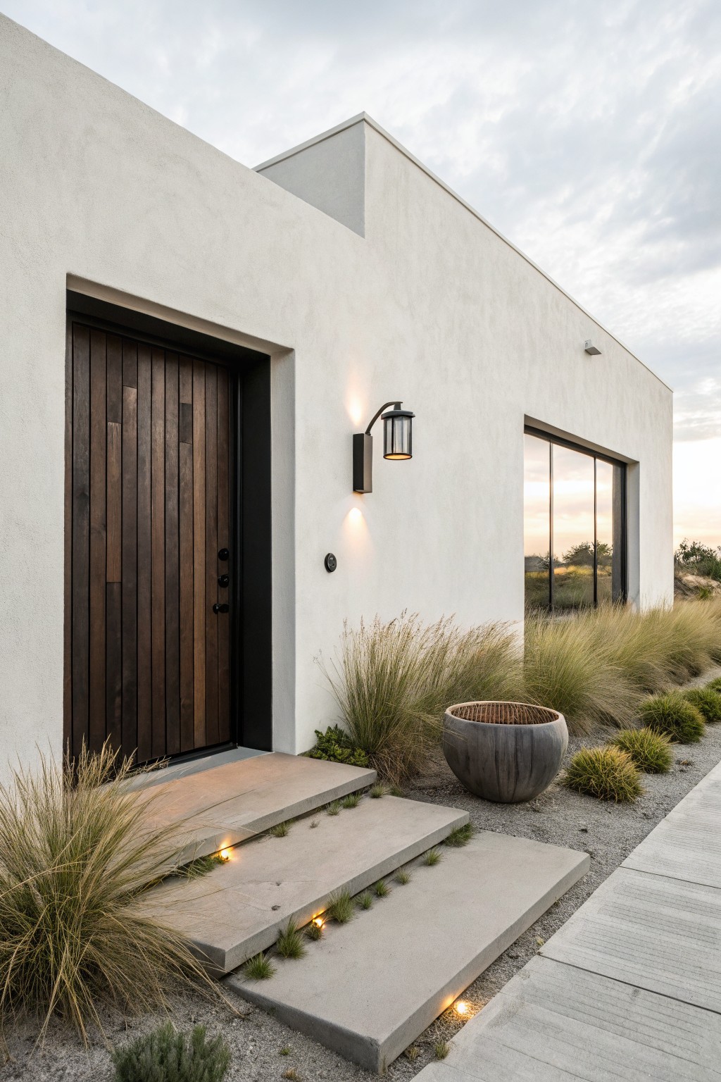 Modern white house entry with wooden door, lit concrete steps, and tall grasses.
