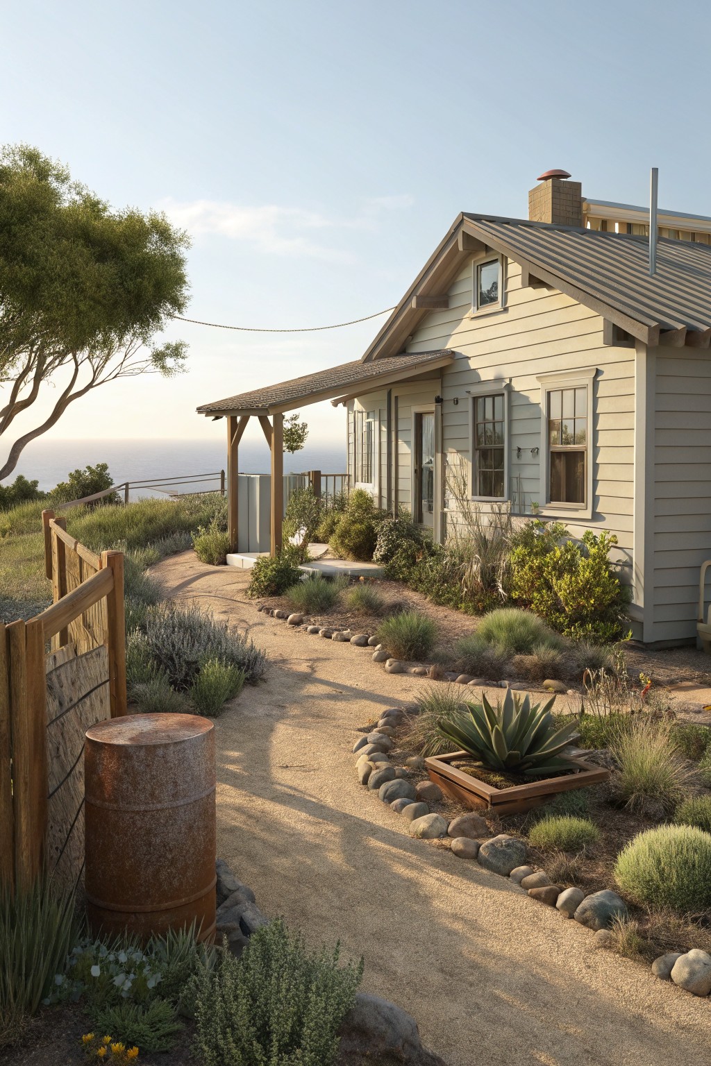 Coastal cottage with sandy path, garden plants, rusty barrel, and ocean view.