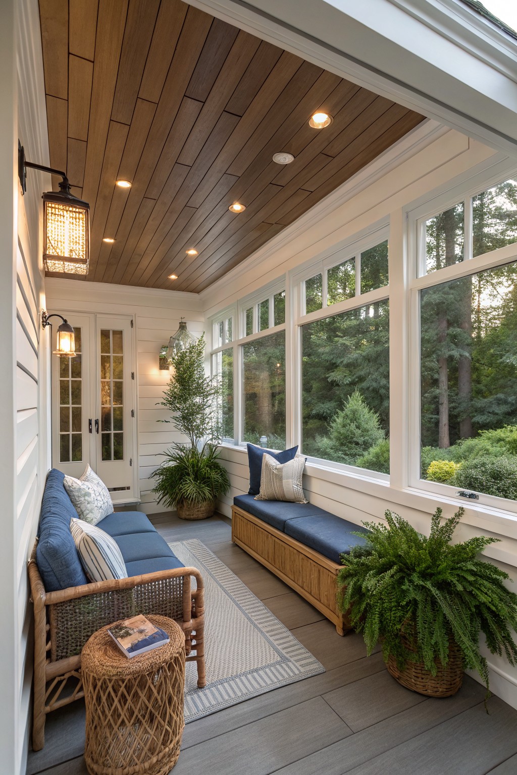 A covered porch interior with a long wooden built-in bench and blue cushions under large windows, next to wicker seating and potted plants.