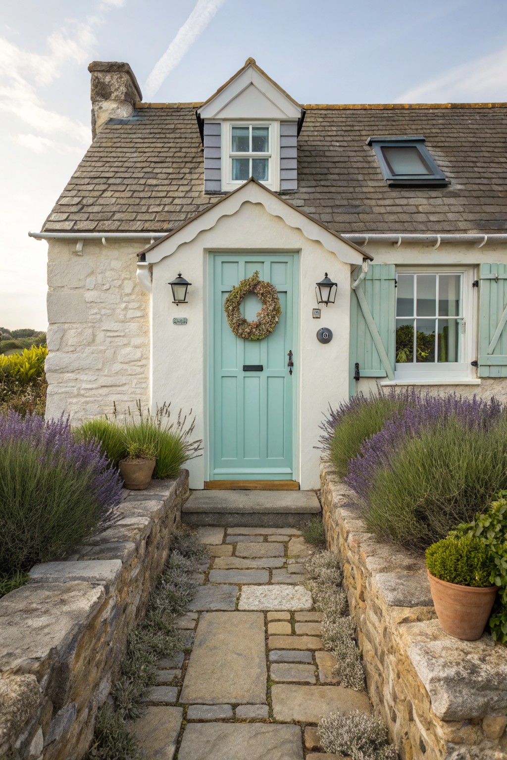 A white stone cottage exterior with a mint green front door, stone pathway, and lavender plants along the entrance.