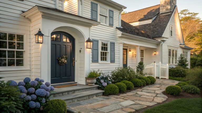 A white shingled house with a dark blue door centered under a white arched portico, stone steps, and a pathway bordered by blue flowering shrubs.
