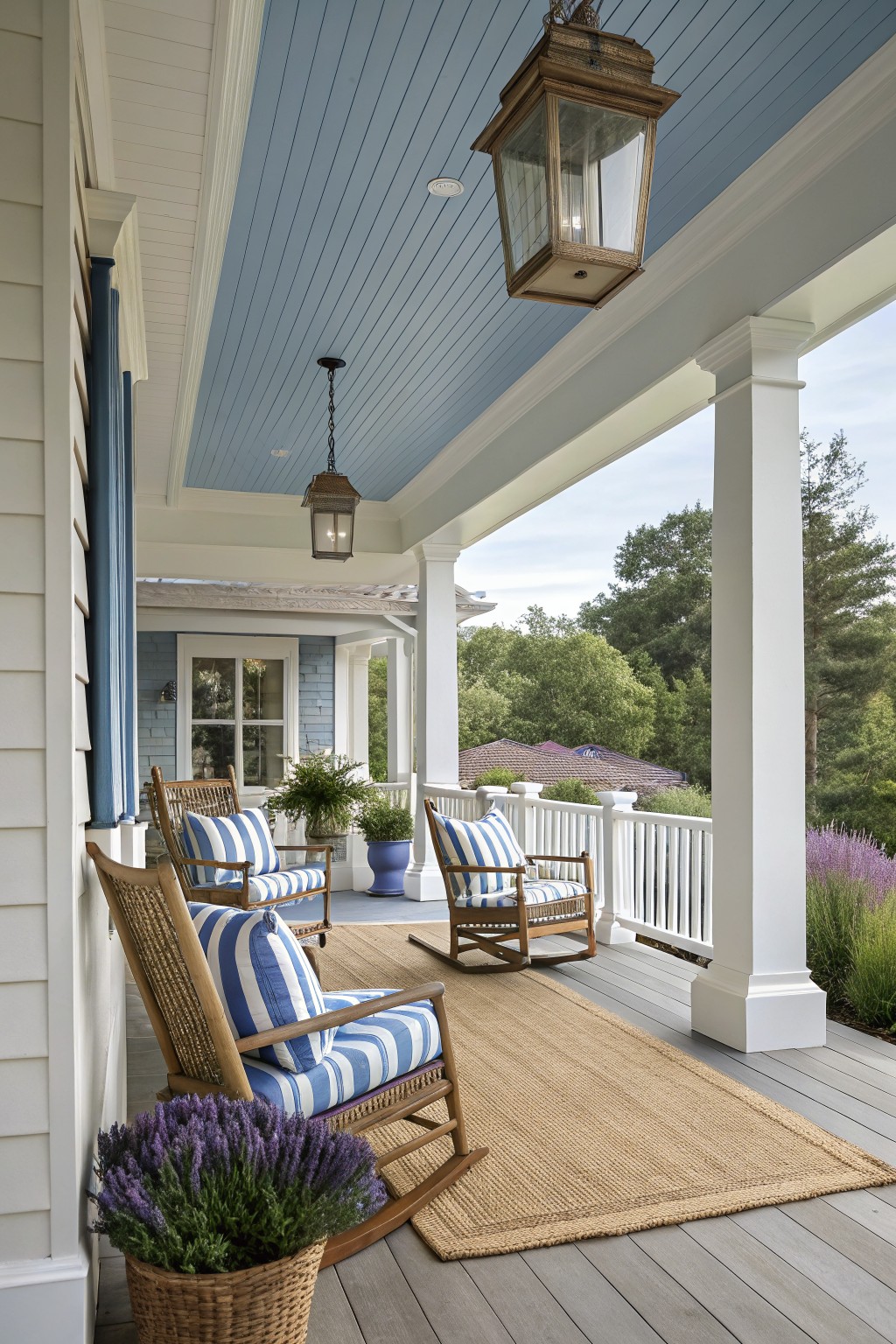 A covered porch with white columns, blue ceiling, wooden rocking chairs with blue and white striped cushions on a large woven rug, hanging lanterns, and potted lavender plants.