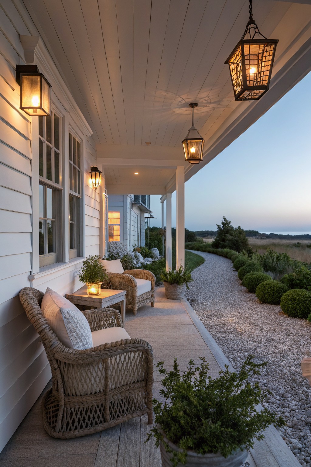 A covered farmhouse porch with wicker seating, potted plants, and several glowing lanterns mounted on the ceiling and wall at dusk.