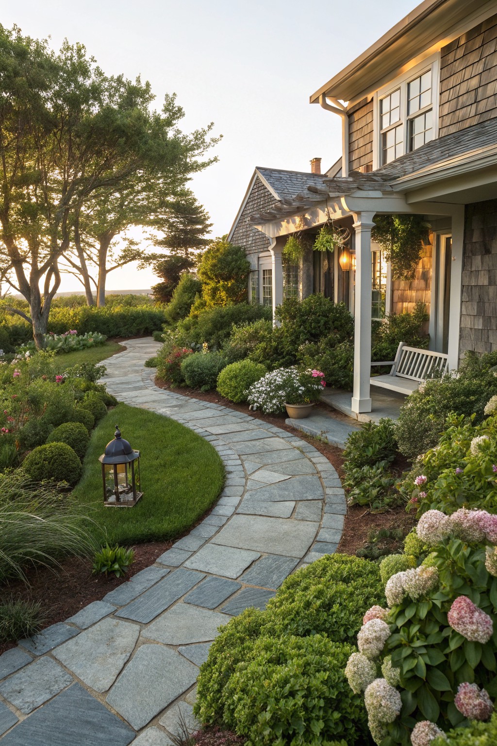 A curved flagstone path winds through layered garden beds toward the front porch of a shingled coastal home.