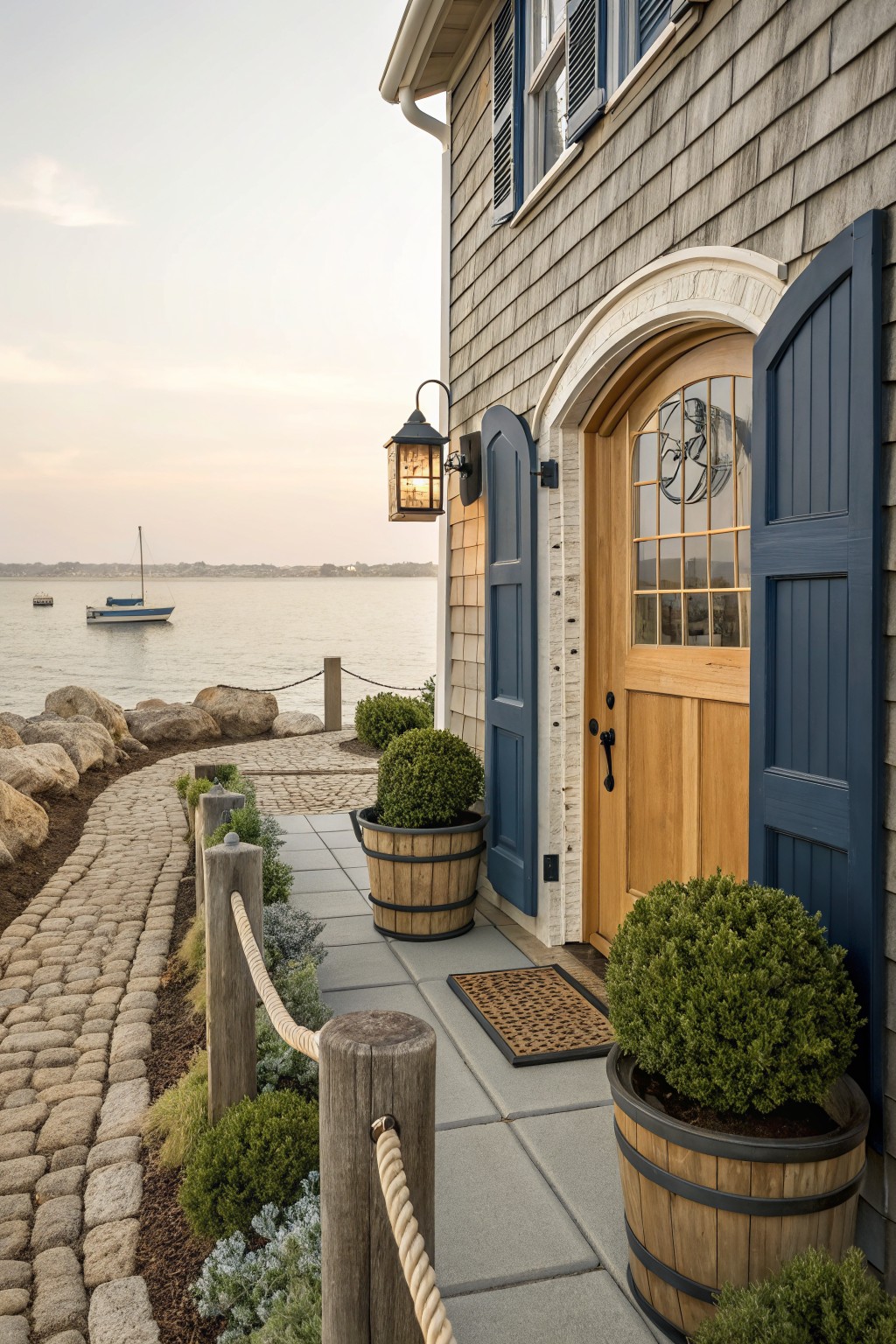 A shingled coastal house with a light wood front door, blue shutters, and blue side door, flanked by wooden barrel planters on a stone walkway.