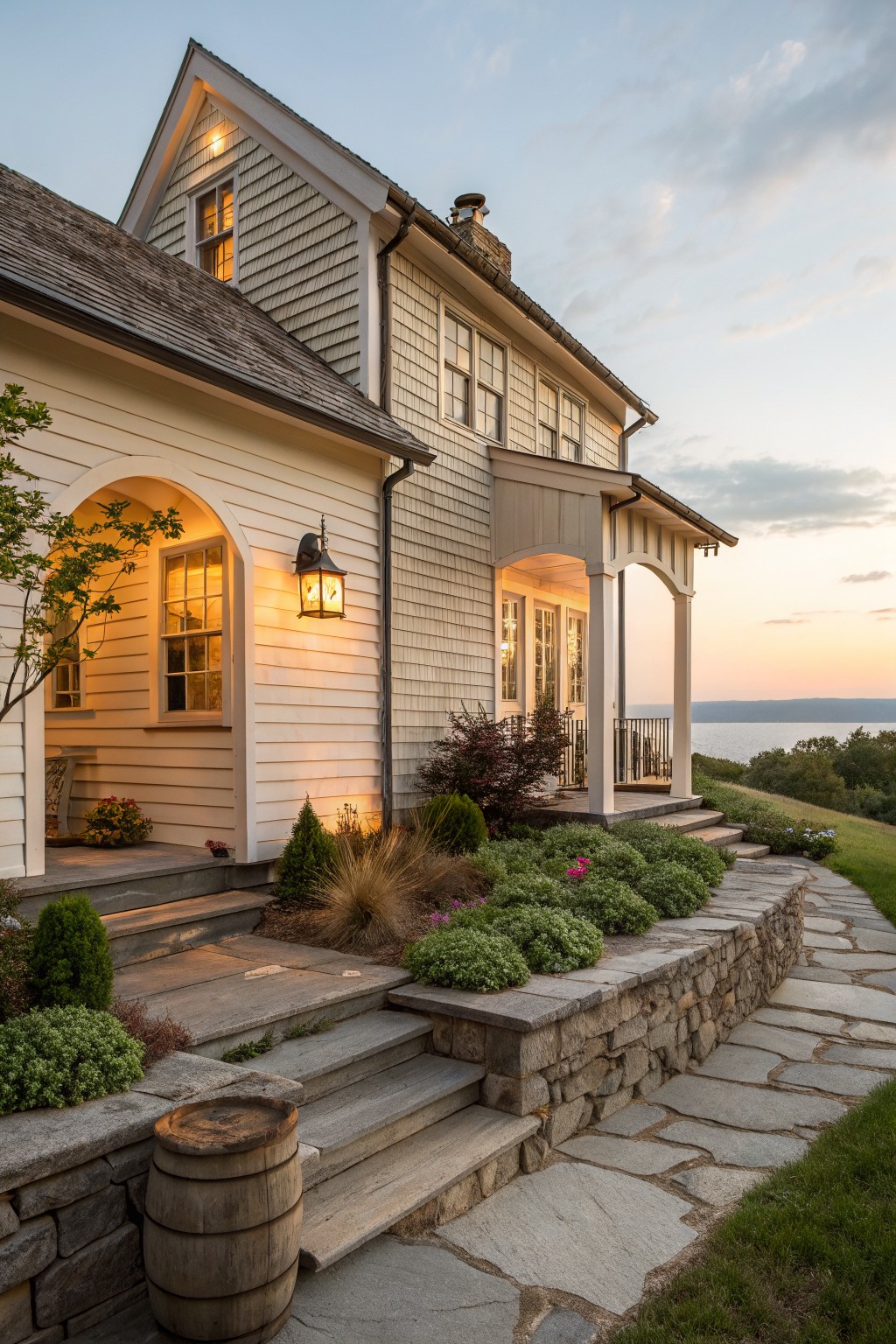 A two-story coastal farmhouse with gray shingles on the upper gable, white horizontal siding below, arched porch openings, stone retaining walls, and a curving stone path at dusk.