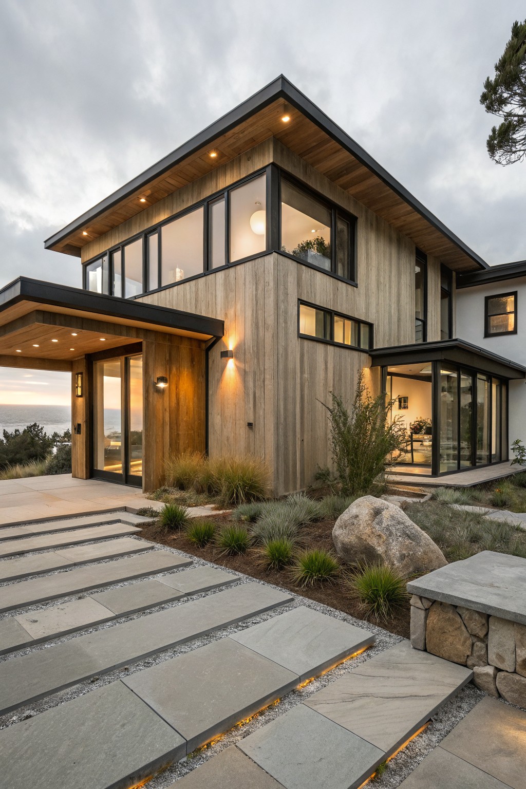 A modern two-story coastal house with light horizontal wood siding, black window frames, and stone steps leading to the entry.