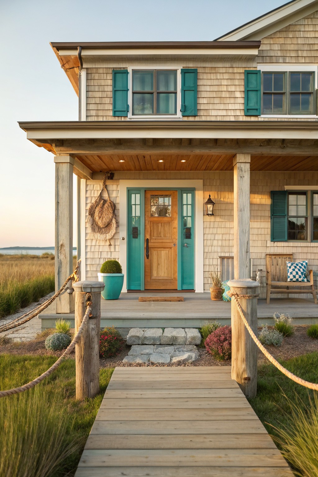 Wooden beach house with teal door and shutters, boardwalk over grassy dunes