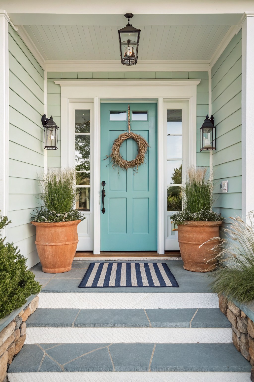 A turquoise front door with a wreath on a house with light green siding, white trim, and terracotta planters on the porch.