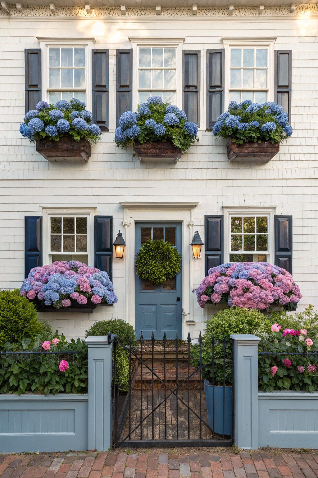 White house with blue door, shutters, and vibrant hydrangea flower boxes.