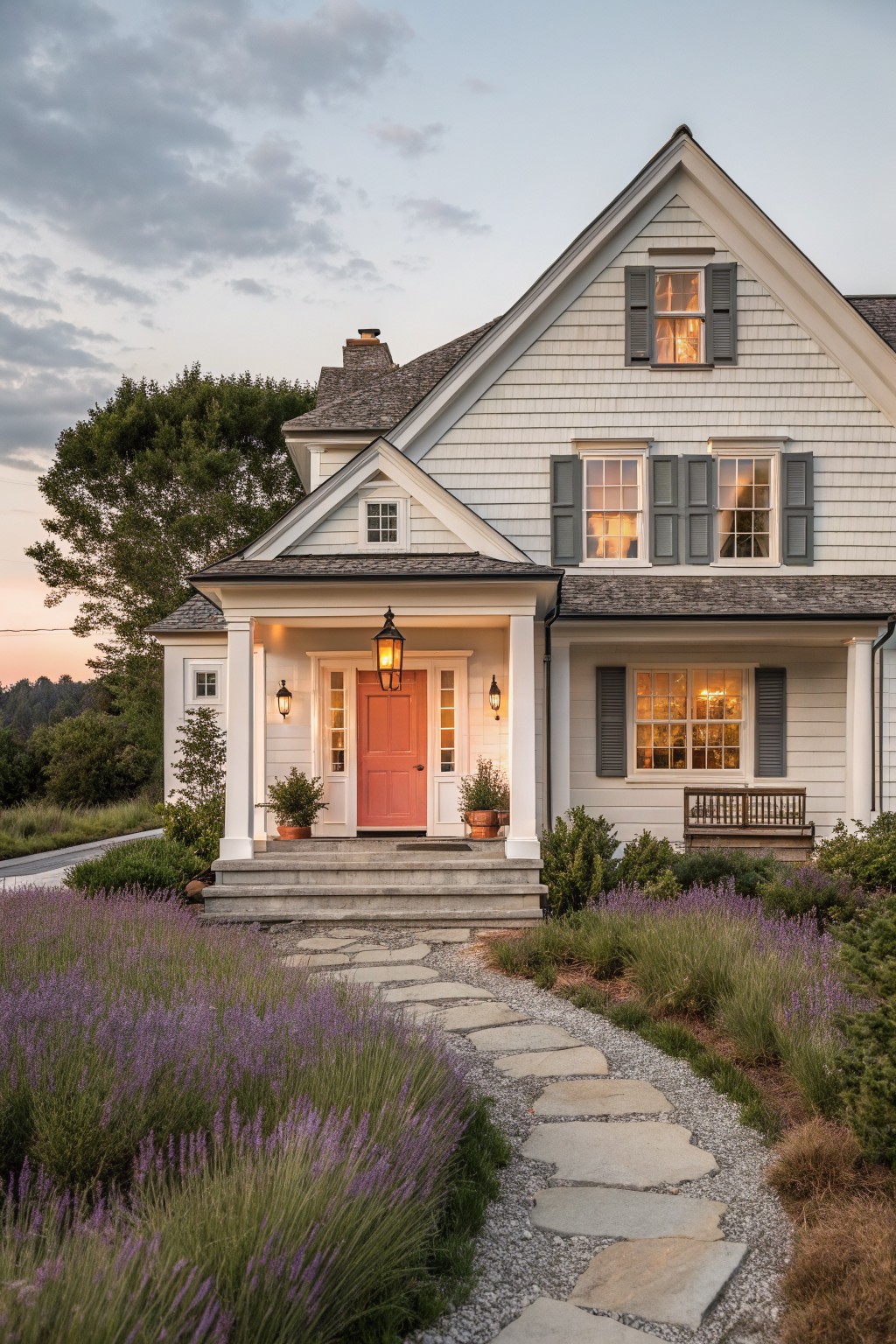A white coastal farmhouse with a coral front door, gray shutters, white columns, and a stone pathway bordered by purple flowers.