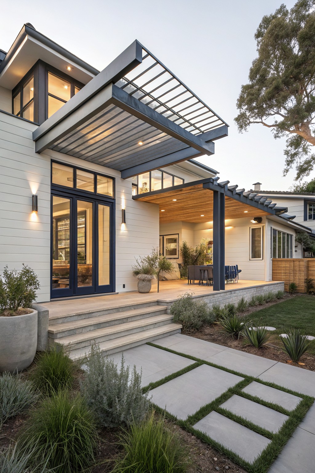 A modern white house with dark trim features a large covered patio under a dark slatted pergola, outdoor dining furniture, steps to the lawn, and a stone pathway through landscaping.