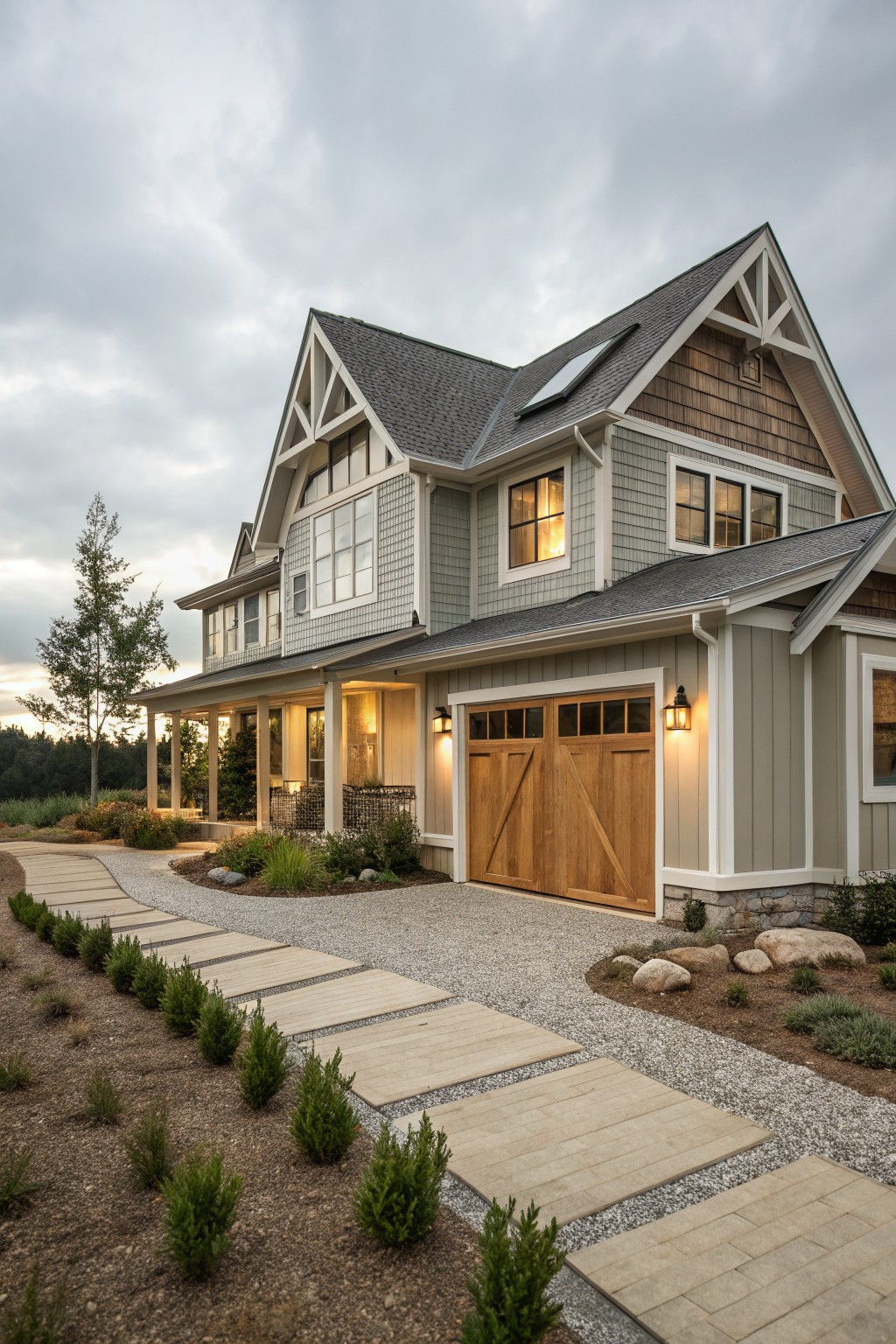 A modern coastal farmhouse exterior with gray shingles on the upper gables and horizontal siding on the lower walls, featuring wooden garage doors and a gravel driveway with pavers.