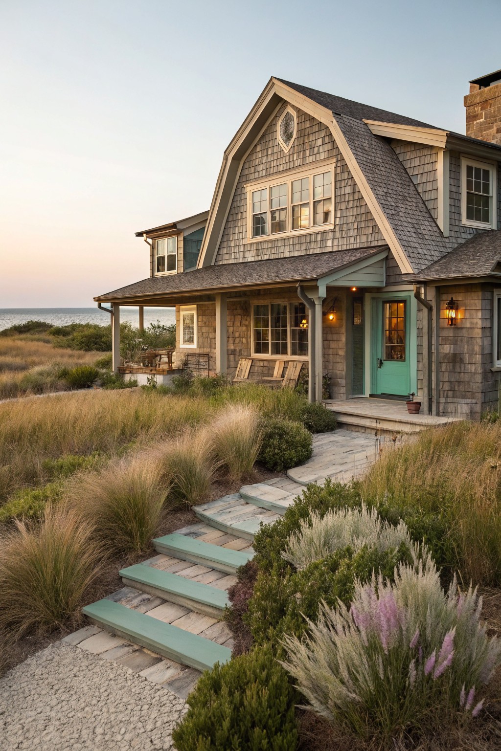 A coastal farmhouse with gray shingle siding, a turquoise front door, wooden steps with green edges, and a path through dune grass.