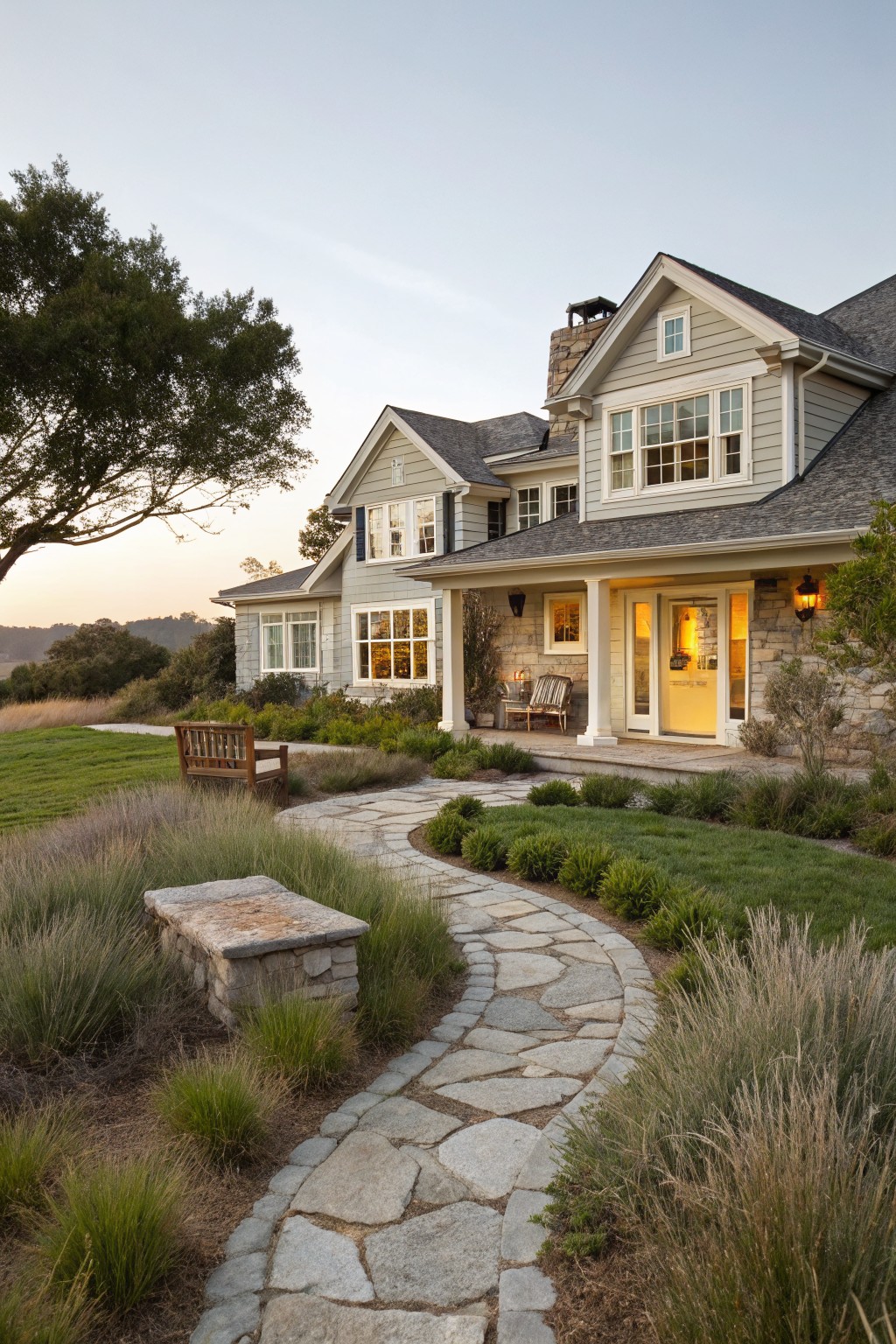 Stone pathway winds through garden to large gray house with glowing windows at dusk.
