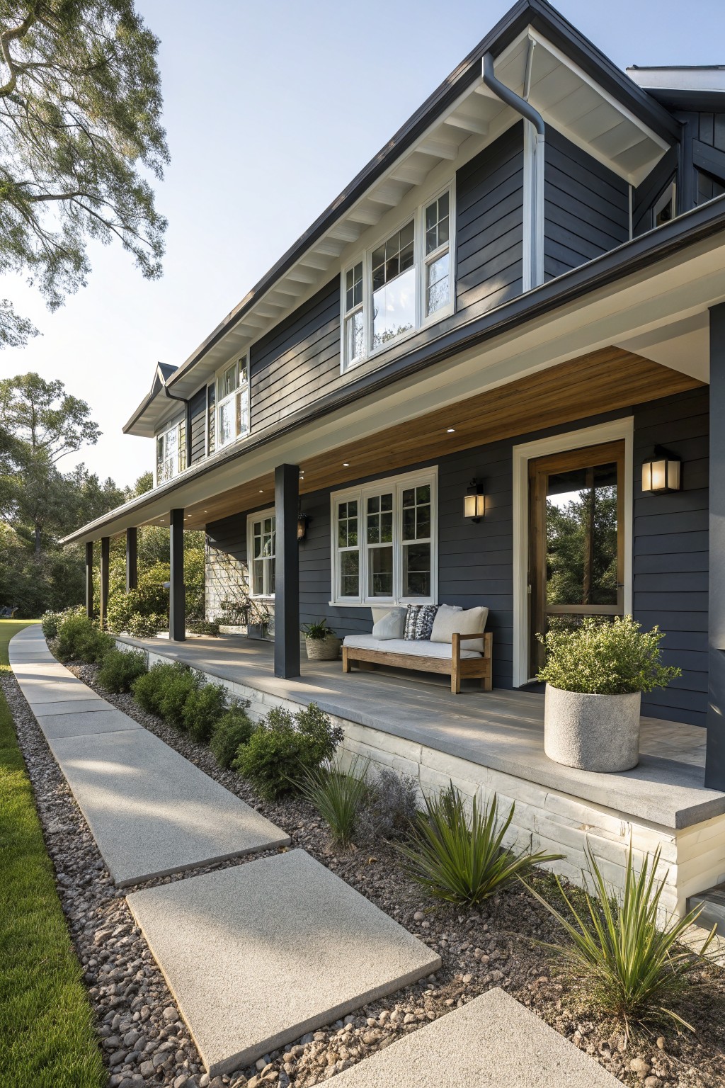 A modern coastal farmhouse exterior with dark gray siding, white window trim, a covered wooden porch, and a concrete paver walkway with gravel and plants.