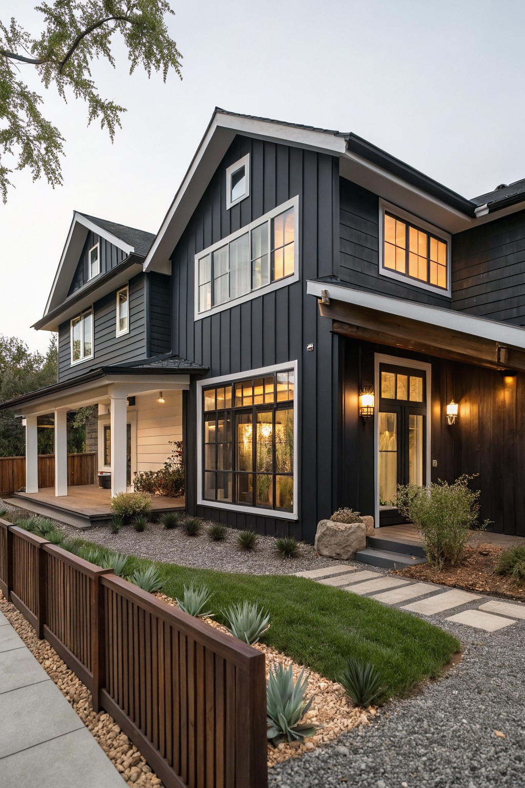 A two-story modern farmhouse with dark vertical siding, white trim, and large black-framed windows at dusk.