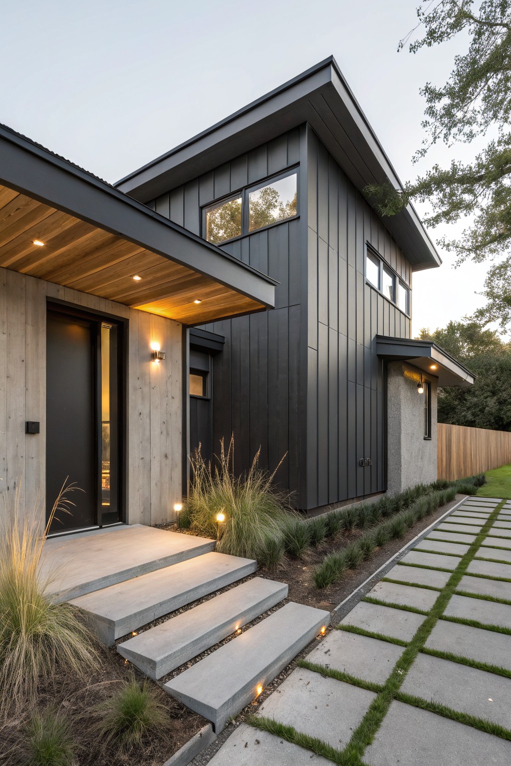 Modern dark gray house with lit concrete steps, wooden overhang, and grass-paver walkway.