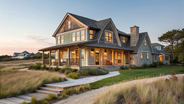A coastal farmhouse with gray shingle siding, a turquoise front door, wooden steps with green edges, and a path through dune grass.