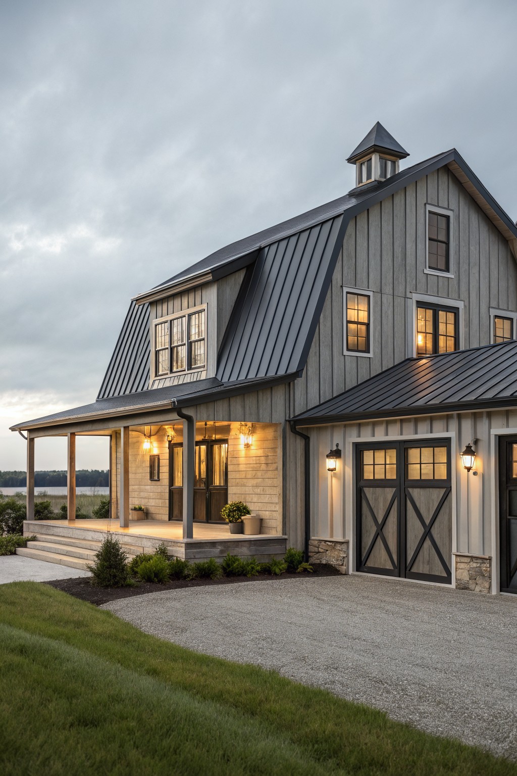 A modern coastal farmhouse with gray vertical siding, a dark metal roof, a covered front porch with steps, and barn-style garage doors with stone bases.