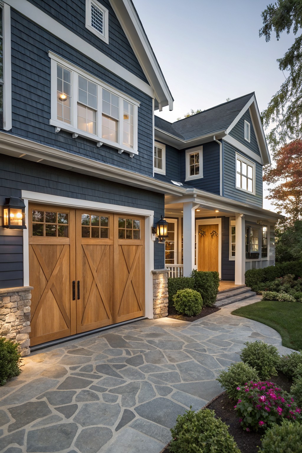 A two-story house with dark blue siding, white trim, wooden garage doors with X bracing, a stone driveway, and a covered front porch.